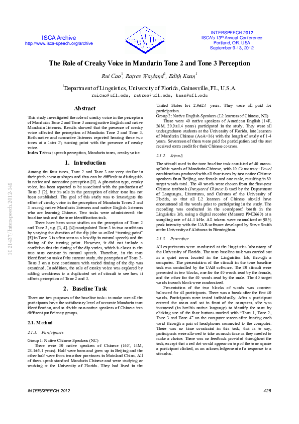 (PDF) The role of creaky voice in Mandarin tone 2 and tone 3 perception