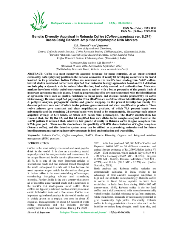 (PDF) Genetic Diversity Appraisal in Robusta Coffee (Coffea canephora ...