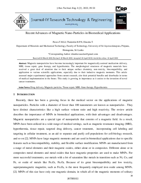 (PDF) Recent Advances of Magnetic Nano-Particles in Biomedical Applications