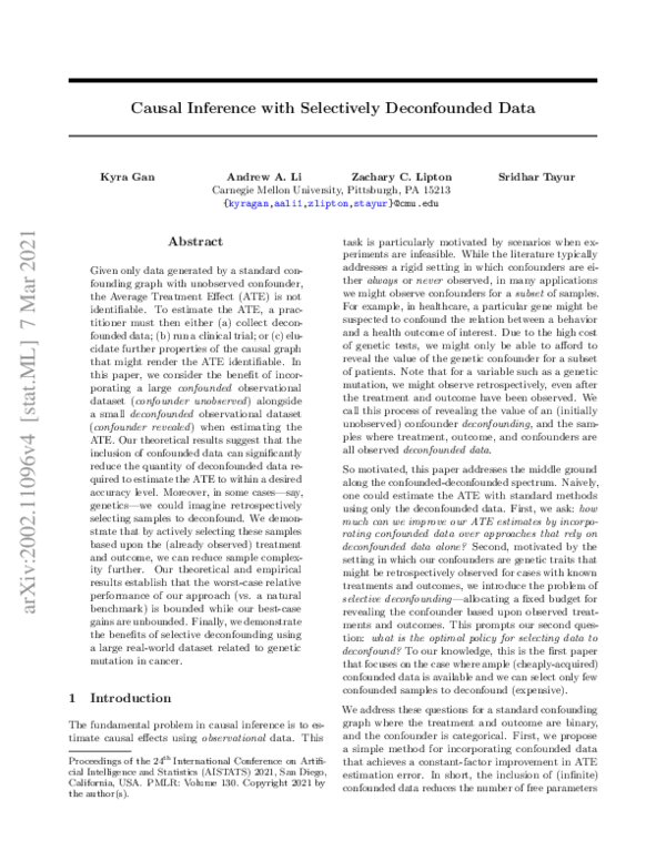 (PDF) Causal Inference with Selectively Deconfounded Data