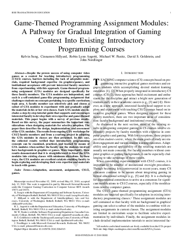 (PDF) Game-Themed Programming Assignment Modules: A Pathway for Gradual ...