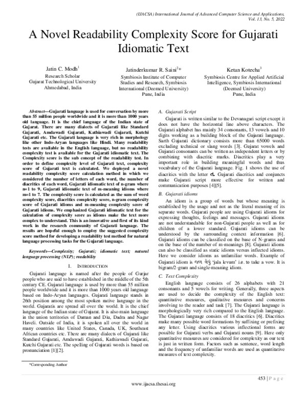(PDF) A Novel Readability Complexity Score for Gujarati Idiomatic Text