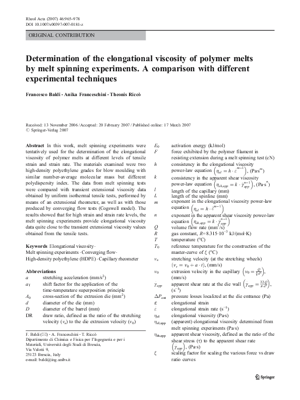 (PDF) Determination of the elongational viscosity of polymer melts by ...