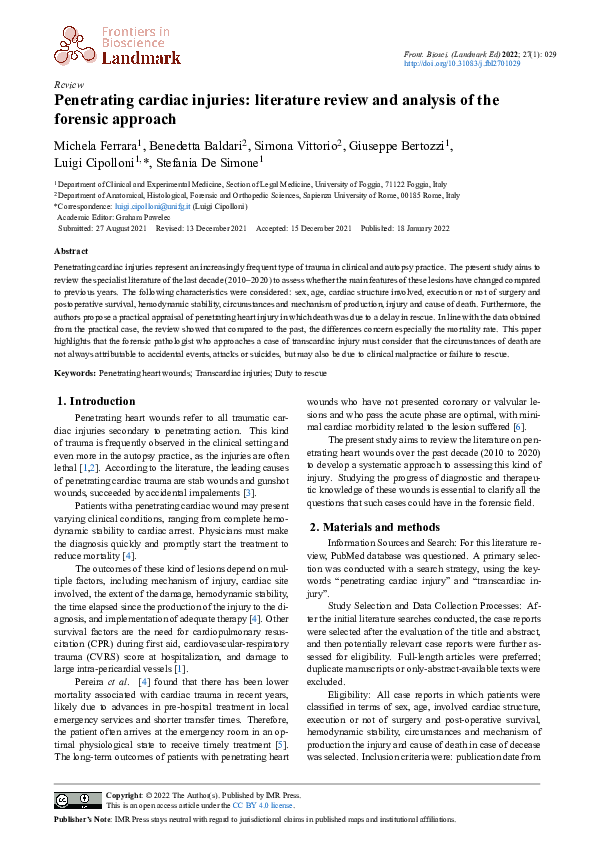 (PDF) Penetrating cardiac injuries: literature review and analysis of ...
