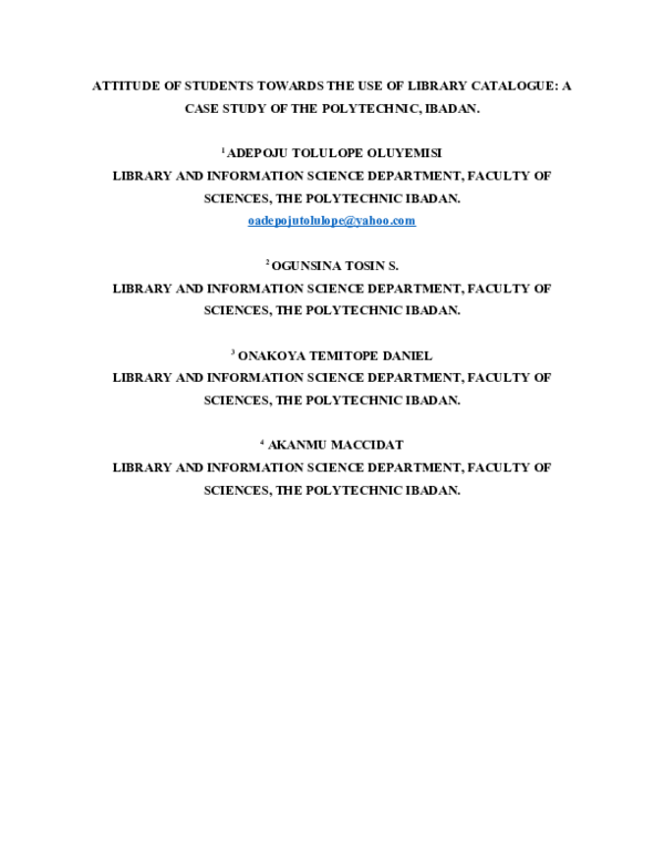 (DOC) ATTITUDE OF STUDENTS TOWARDS THE USE OF LIBRARY CATALOGUE: A CASE ...