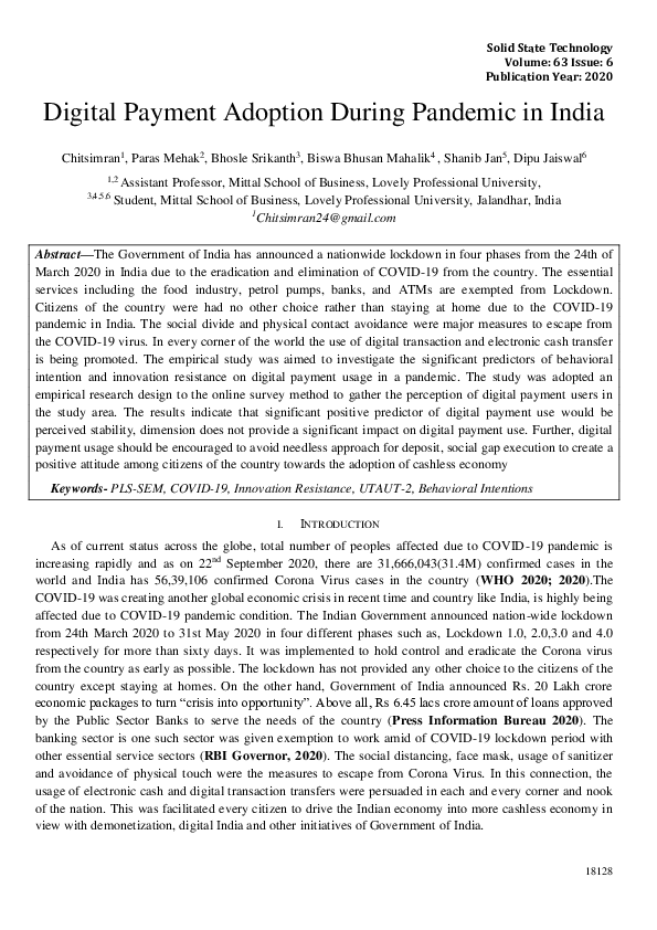 (PDF) Digital Payment Adoption During Pandemic in India