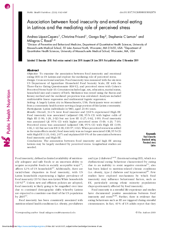 (PDF) Association between food insecurity and emotional eating in ...
