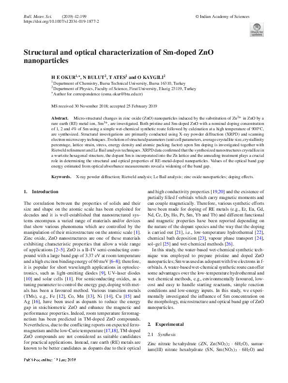 (PDF) Structural and optical characterization of Sm-doped ZnO nanoparticles