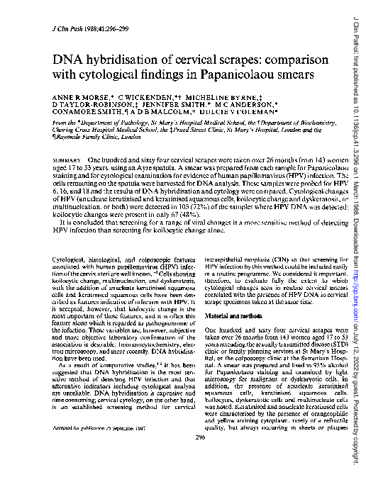  PDF DNA Hybridisation Of Cervical Scrapes Comparison With Cytological Findings In 
