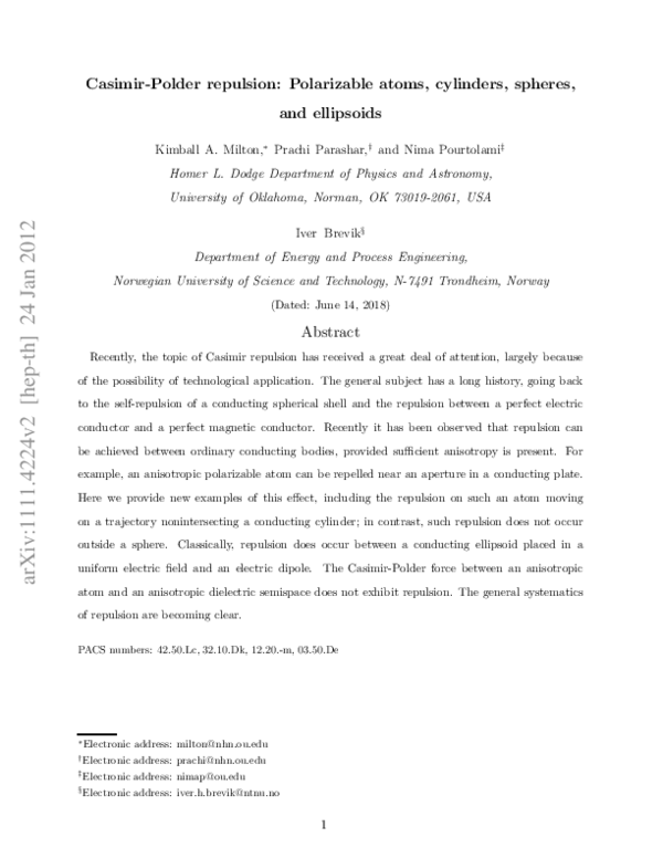 (PDF) Casimir-Polder repulsion: Polarizable atoms, cylinders, spheres ...