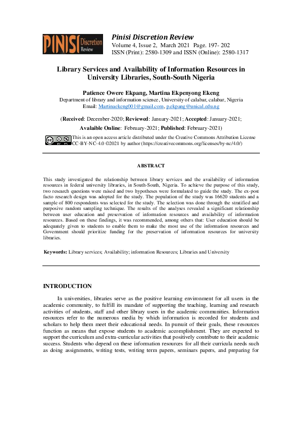 (PDF) Library Services and Availability of Information Resources in ...