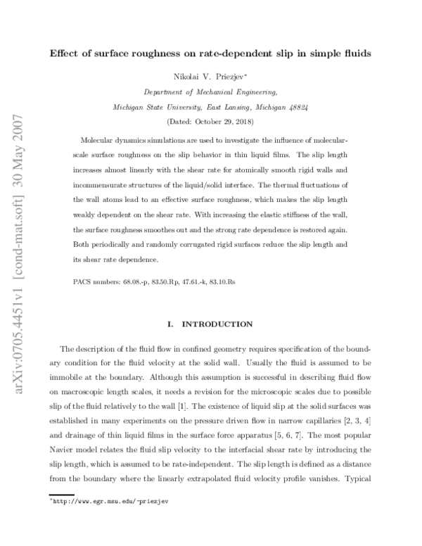 (PDF) Effect of surface roughness on rate-dependent slip in simple fluids