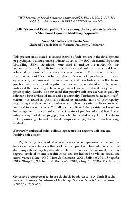 (PDF) Self-Esteem and Psychopathic Traits among Undergraduate Students ...