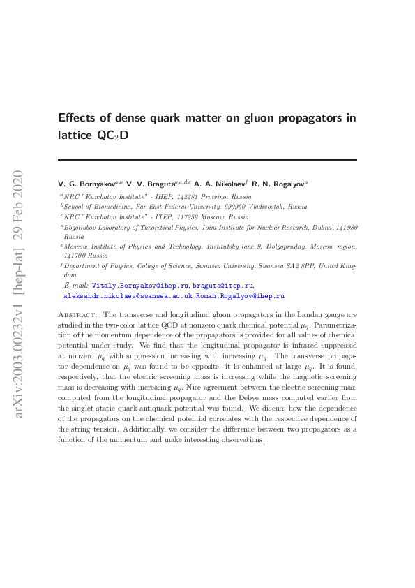 (PDF) Effects of dense quark matter on gluon propagators in lattice QC2D