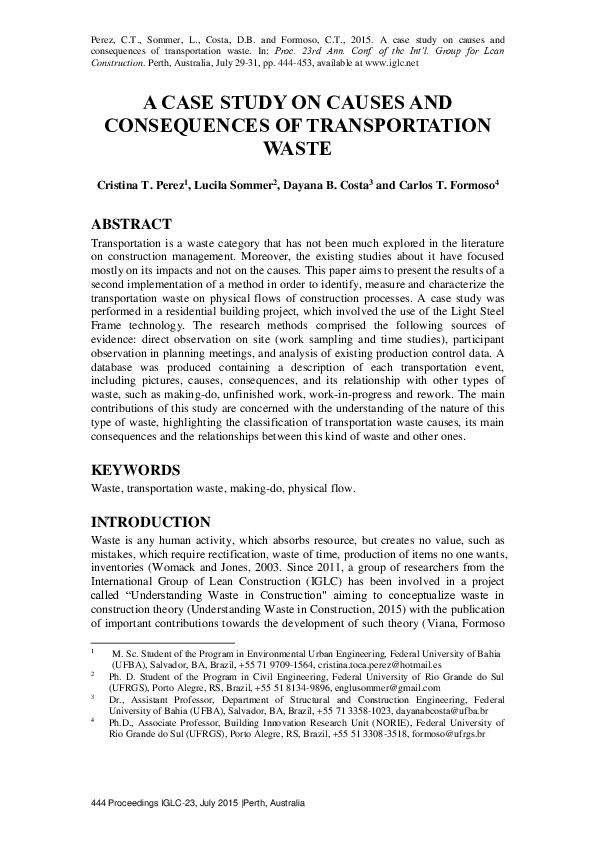 (PDF) A Case Study on Causes and Consequences of Transportation Waste