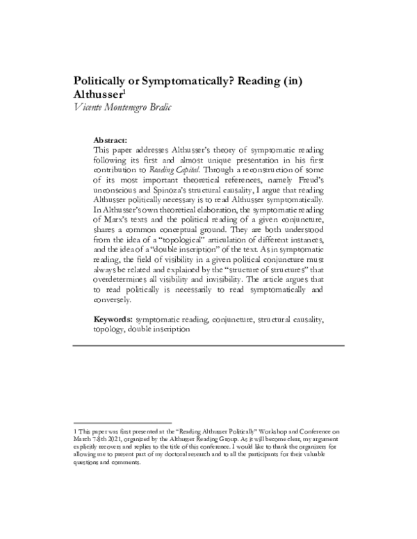 (PDF) Politically or Symptomatically? Reading (in) Althusser