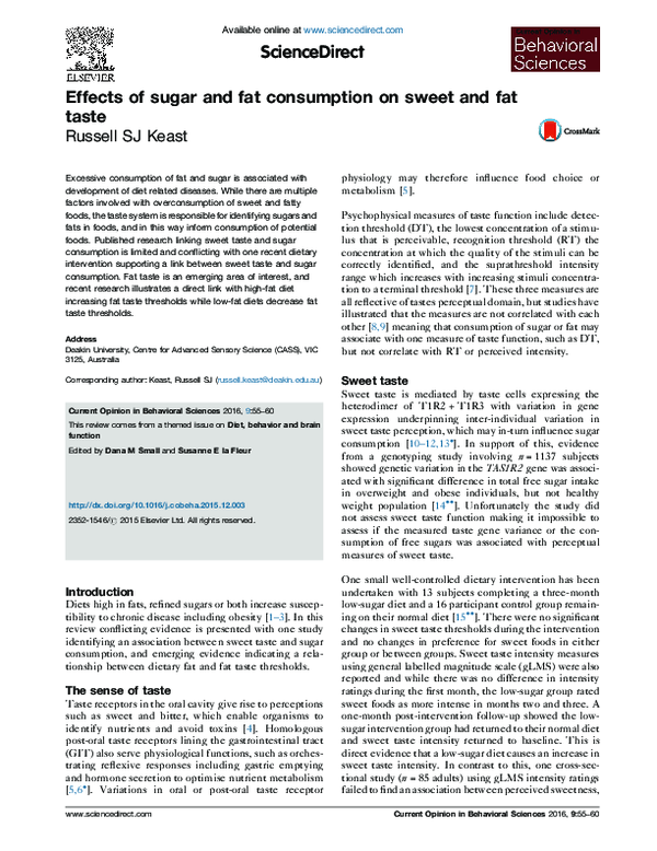 (PDF) Effects of sugar and fat consumption on sweet and fat taste