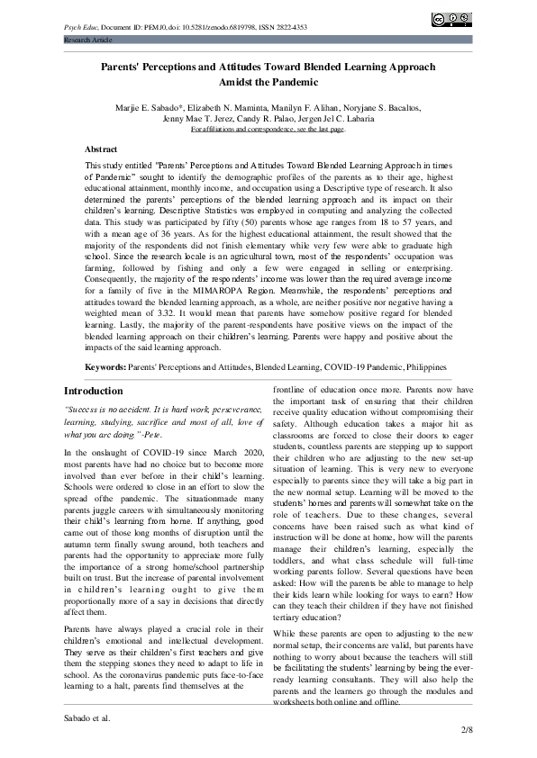 (PDF) Parents' Perceptions and Attitudes Toward Blended Learning ...