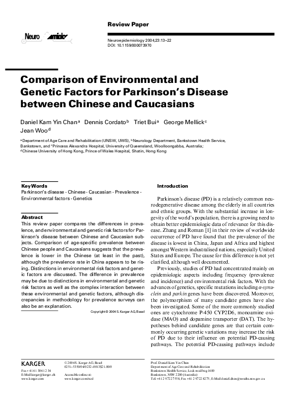 (PDF) Comparison of Environmental and Genetic Factors for Parkinson’s ...