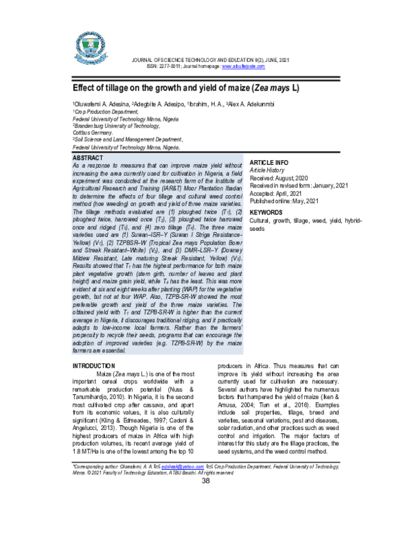 (PDF) Effect of tillage on the growth and yield of maize (Zea mays L)