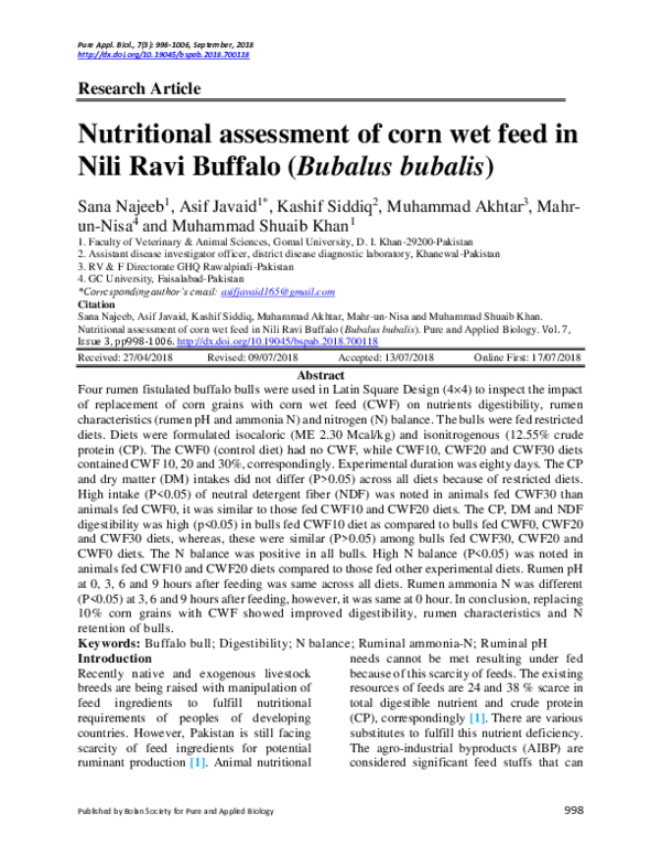 (PDF) Nutritional assessment of corn wet feed in Nili Ravi Buffalo ...