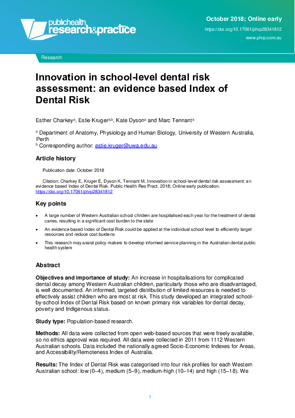 (PDF) Innovation in schoollevel dental risk assessment an evidence