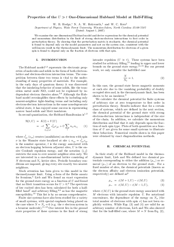 (PDF) Properties of the U À t One-Dimensional Hubbard Model at Half-Filling