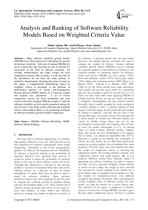 (PDF) Analysis and Ranking of Software Reliability Models Based on ...