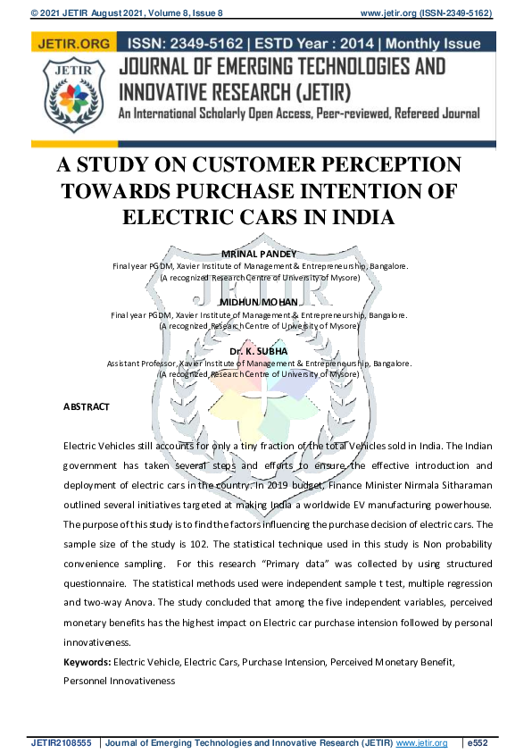 (PDF) Impact of Consumer Perception on Purchase Decision of Electric
