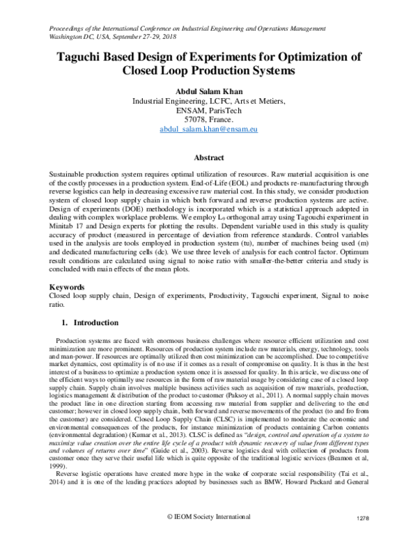 (PDF) Taguchi Based Design of Experiments for Optimization of Closed ...