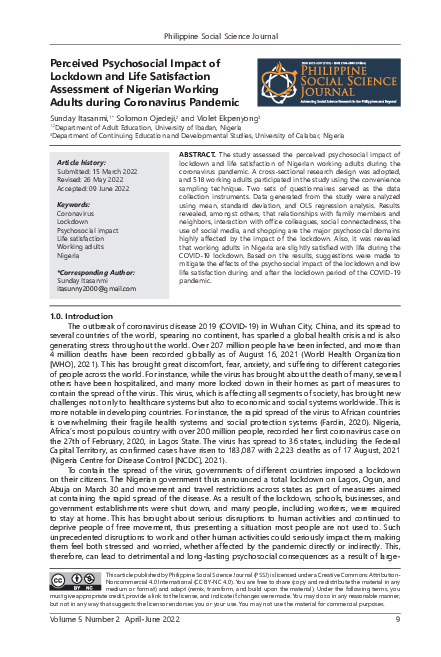 (PDF) Perceived Psychosocial Impact of Lockdown and Life Satisfaction ...