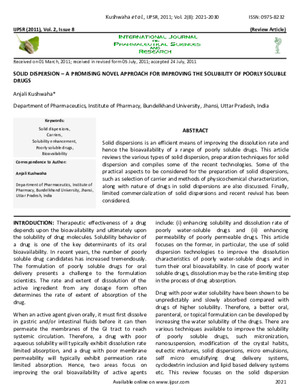 (PDF) Solid Dispersion - a Promising Novel Approach for Improving the ...