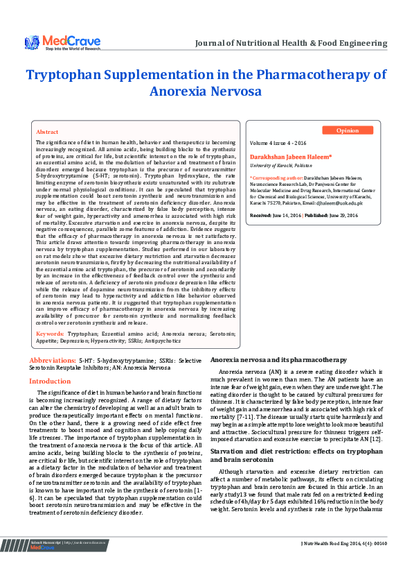 (PDF) Tryptophan Supplementation in the Pharmacotherapy of Anorexia Nervosa