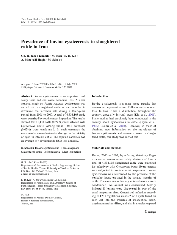 (PDF) Prevalence of bovine cysticercosis in slaughtered cattle in Iran