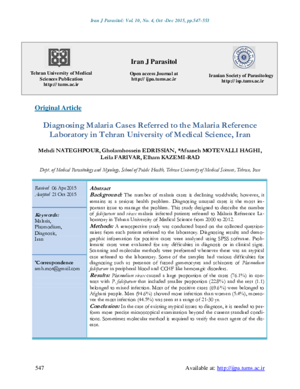 (PDF) Diagnosing Malaria Cases Referred to the Malaria Reference ...