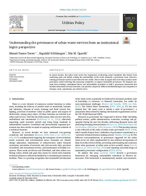 (PDF) Understanding the governance of urban water services from an ...