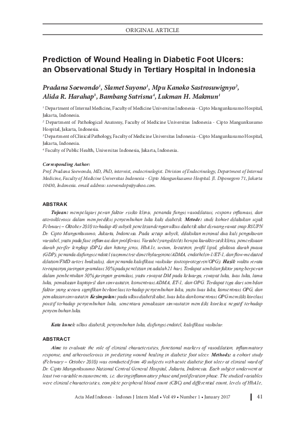 (PDF) Prediction of Wound Healing in Diabetic Foot Ulcers: an ...