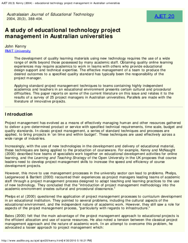 (PDF) A study of educational technology project management in ...