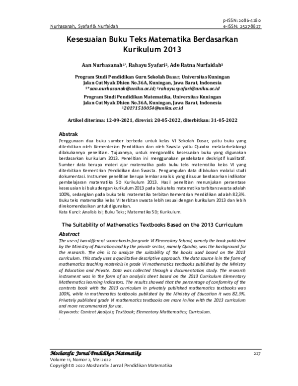 (PDF) Kesesuaian Buku Teks Matematika Berdasarkan Kurikulum 2013 | aan
