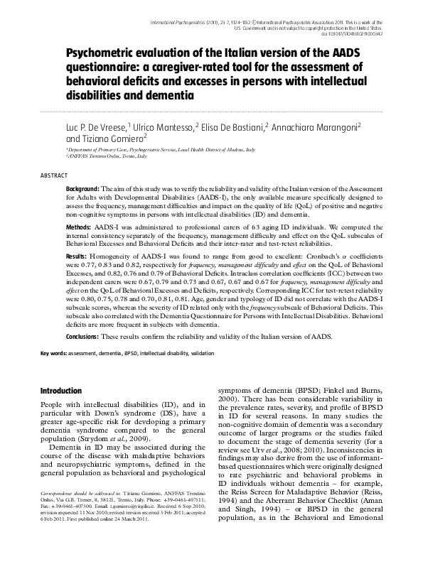 (PDF) Psychometric evaluation of the Italian version of the AADS ...