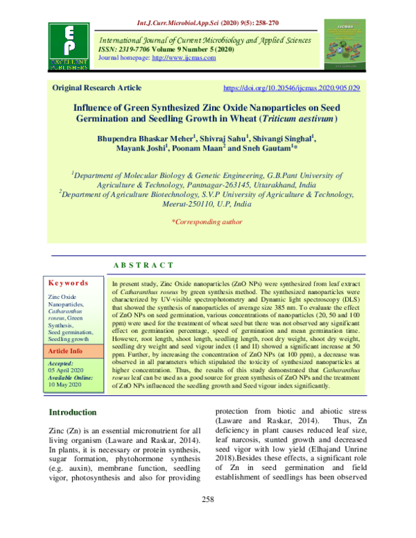 (PDF) Influence of Green Synthesized Zinc Oxide Nanoparticles on Seed ...