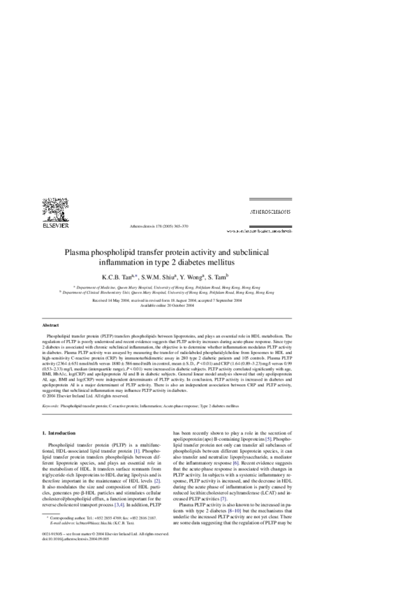 (PDF) Plasma phospholipid transfer protein activity and subclinical ...