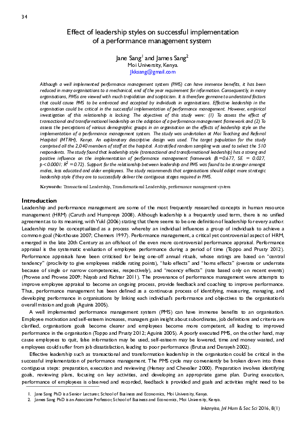 (PDF) Effect of leadership styles on successful implementation of a ...