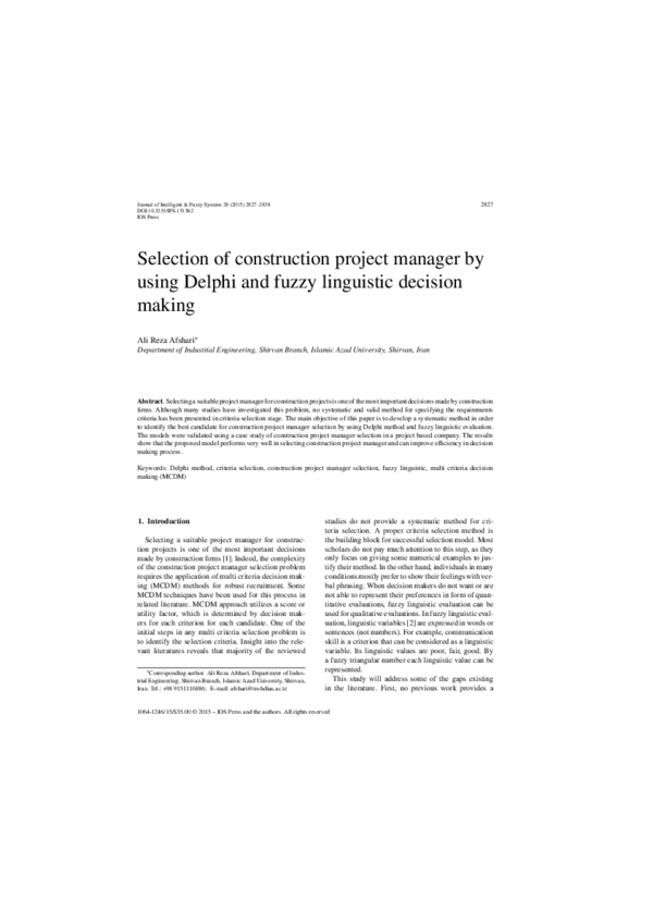 (PDF) Selection of construction project manager by using Delphi and ...