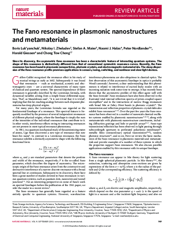(PDF) The Fano resonance in plasmonic nanostructures and metamaterials
