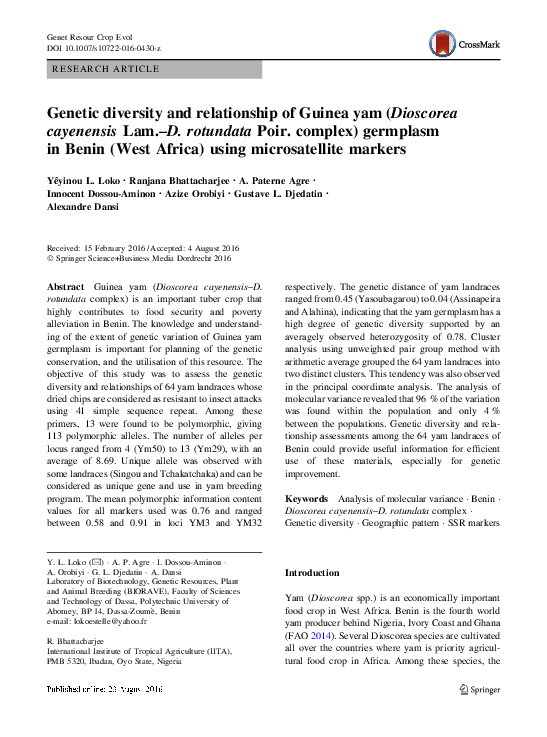 (PDF) Genetic diversity and relationship of Guinea yam (Dioscorea ...