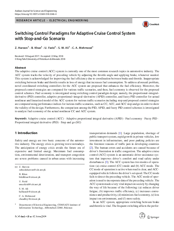 (PDF) Switching Control Paradigms for Adaptive Cruise Control System ...