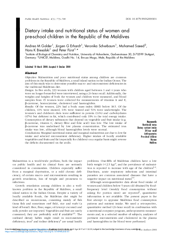 (PDF) Dietary intake and nutritional status of women and pre-school ...