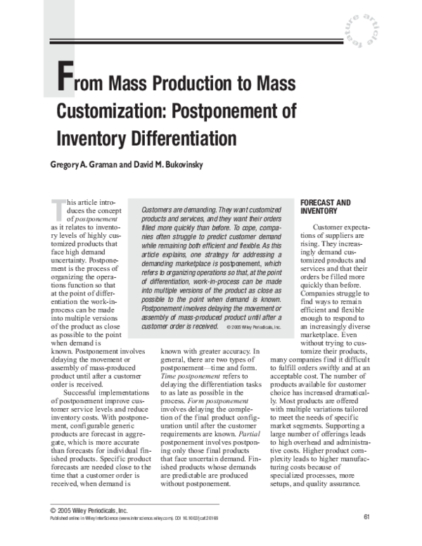(PDF) From mass production to mass customization: Postponement of ...