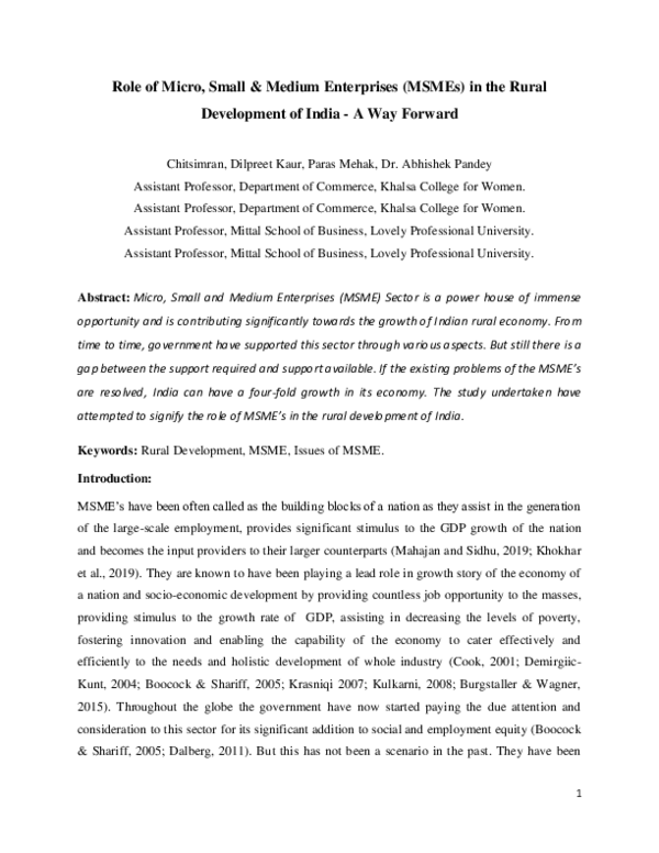 (PDF) Role of Micro, Small & Medium Enterprises (MSMEs) in the Rural ...